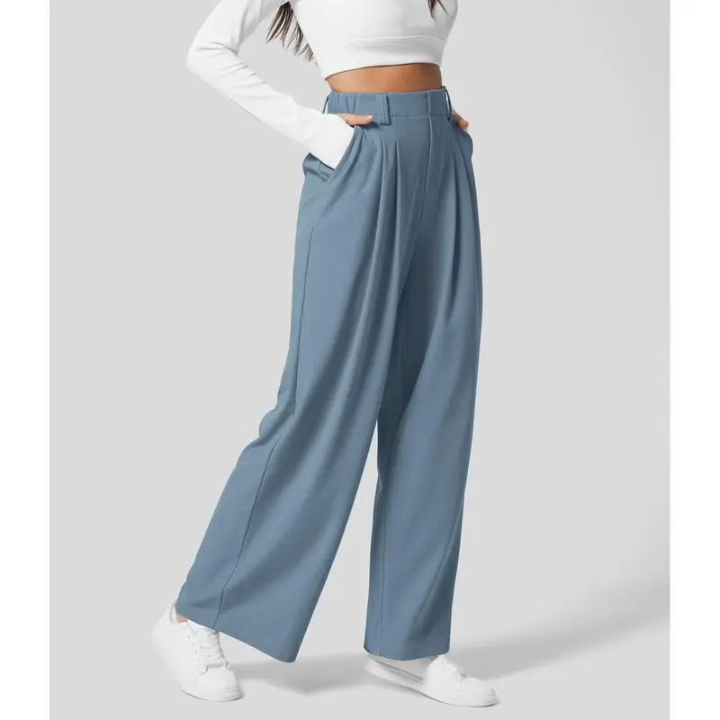 High Waisted Plicated Side Pocket Wide Waffle Work Pants