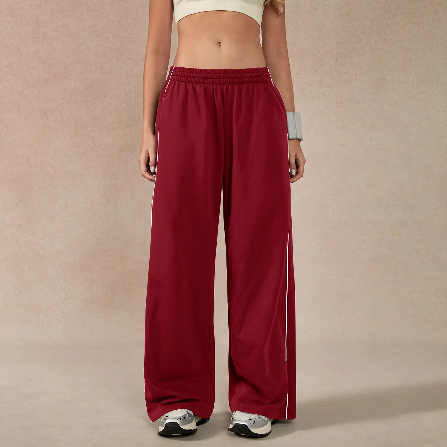 Women's Baggy Wide-Leg Pants – Pocket Design, Elastic Waist & Side Trim for Securely Holding Small Items & Comfortable Relaxed Fit
