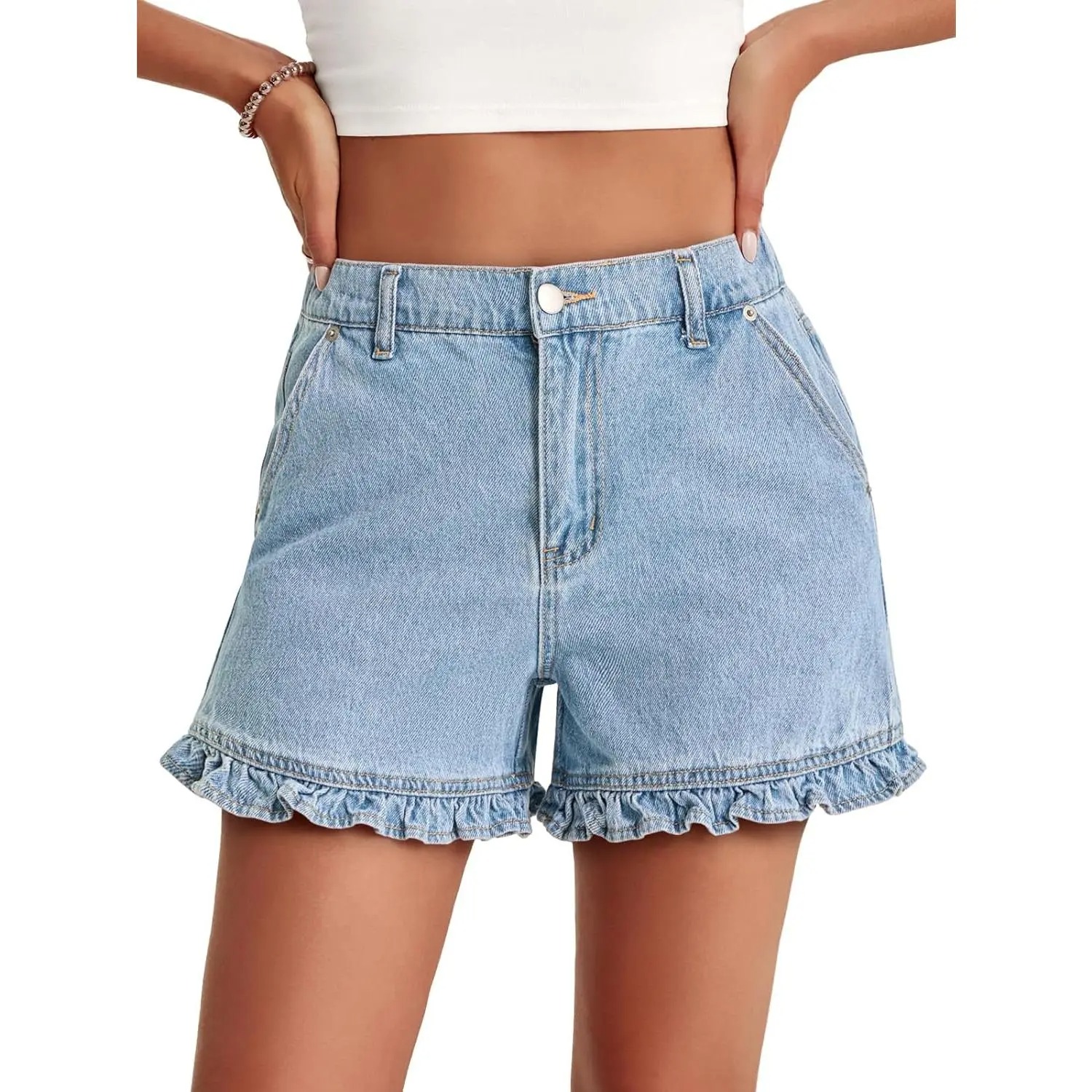 Cute High Waisted Denim Shorts with Ruffle Hem for Women -