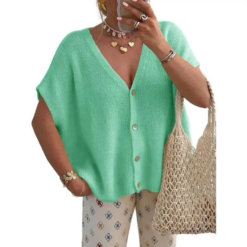 Womens Fall Oversized Cardigans Batwing Short Sleeve Lightweight Button V Neck Casual Knit Sweater Tops