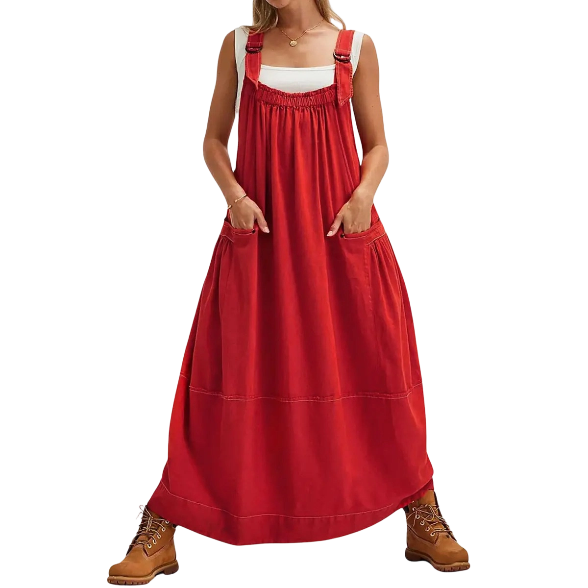 Women’s Strappy Sleeveless Barrel Midi Dress with Pockets