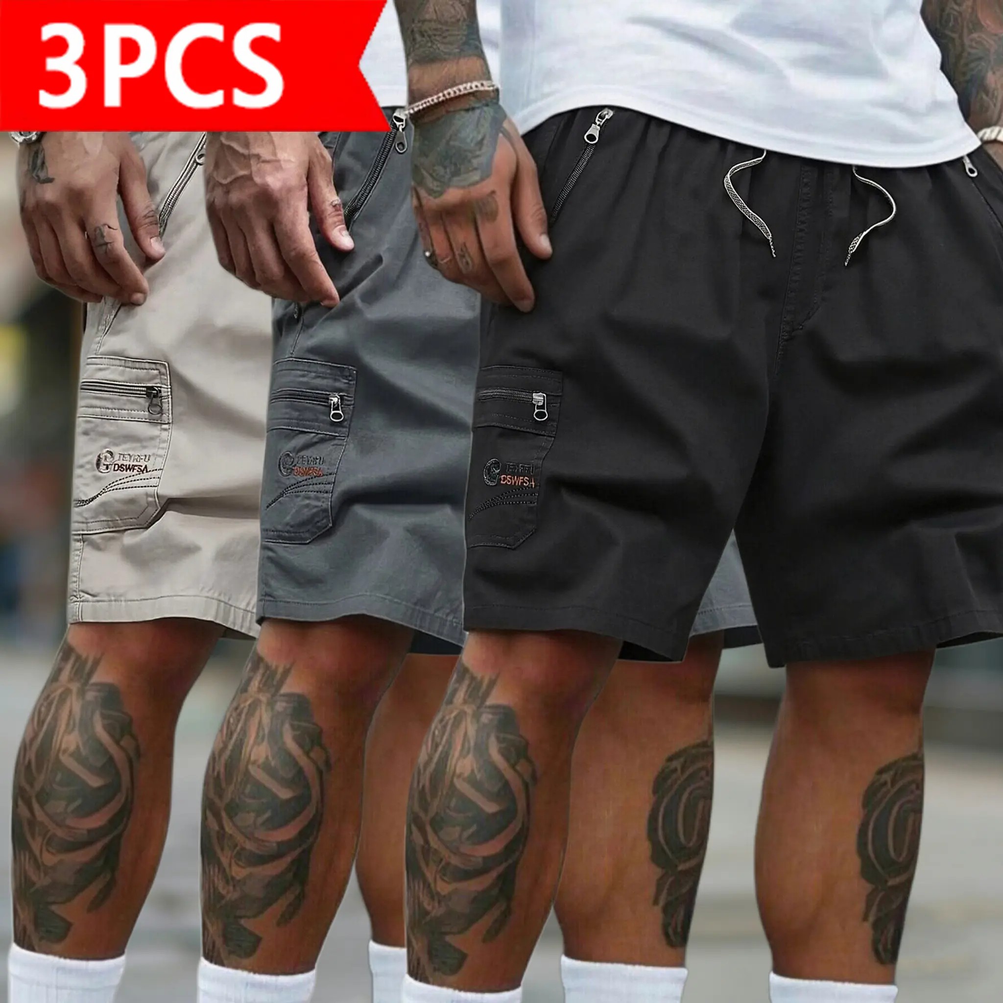 Men's 5-Pack Cargo Shorts | Casual Drawstring Elastic Waist Shorts with Zipper Pockets | Quick Dry Lightweight Streetwear for Summer, Beach, Daily Wear & Outdoor Activities