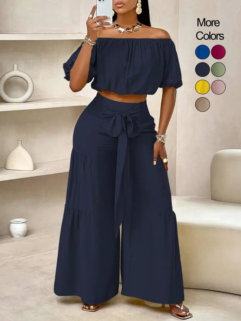 Women's Solid Color Top & Wide Leg Pants Set, Casual Off Shoulder Top & Palazzo Pants for Summer, Ladies Clothes for Beach Holiday Vacation, Womenswear