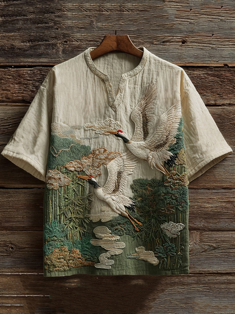 Men's Vintage Cranes And Bamboo Japanese Art Embroidery Casual Shirt