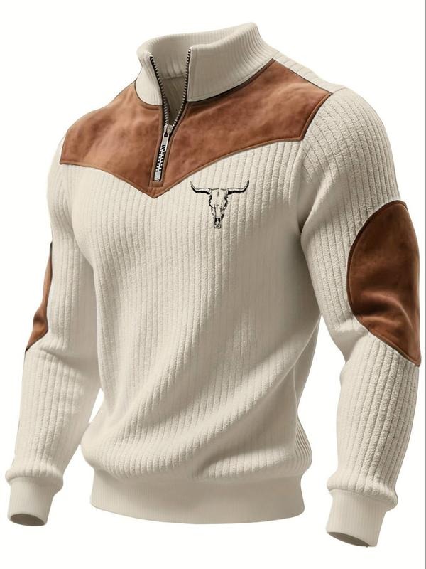 Men's Stand Collar Pullover Sweater, Autumn Winter Warm Half Zip Cow Head Print