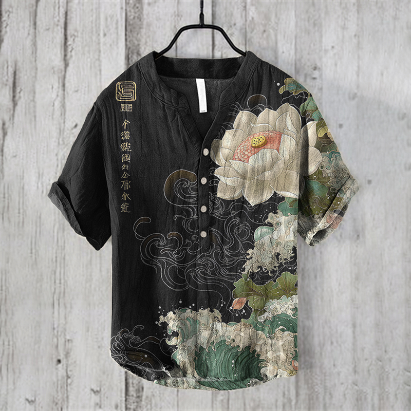 Men's Japanese Art Lotus Print Linen Blend Shirt