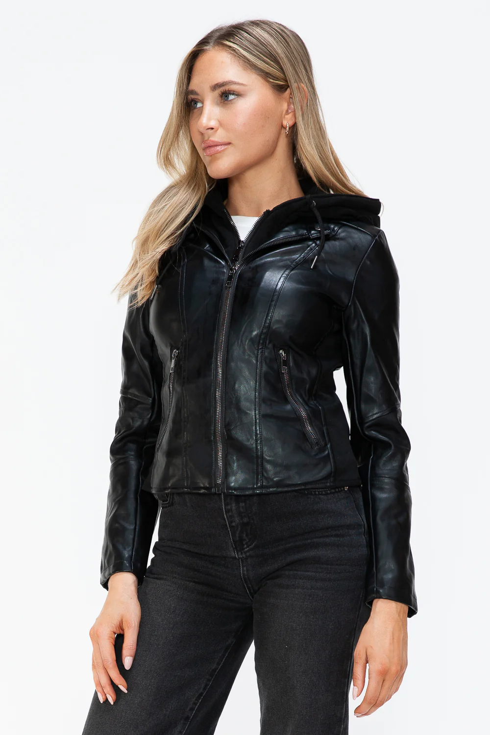 Faux Leather Zip Up Drawstring Hooded Jacket