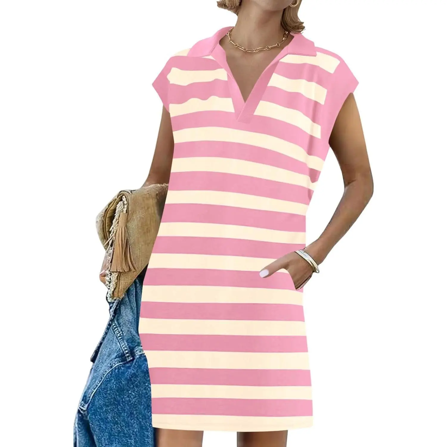 Womens Striped Summer Mini Dress Casual Cap Sleeve Polo V Neck T Shirt Dresses with Pockets