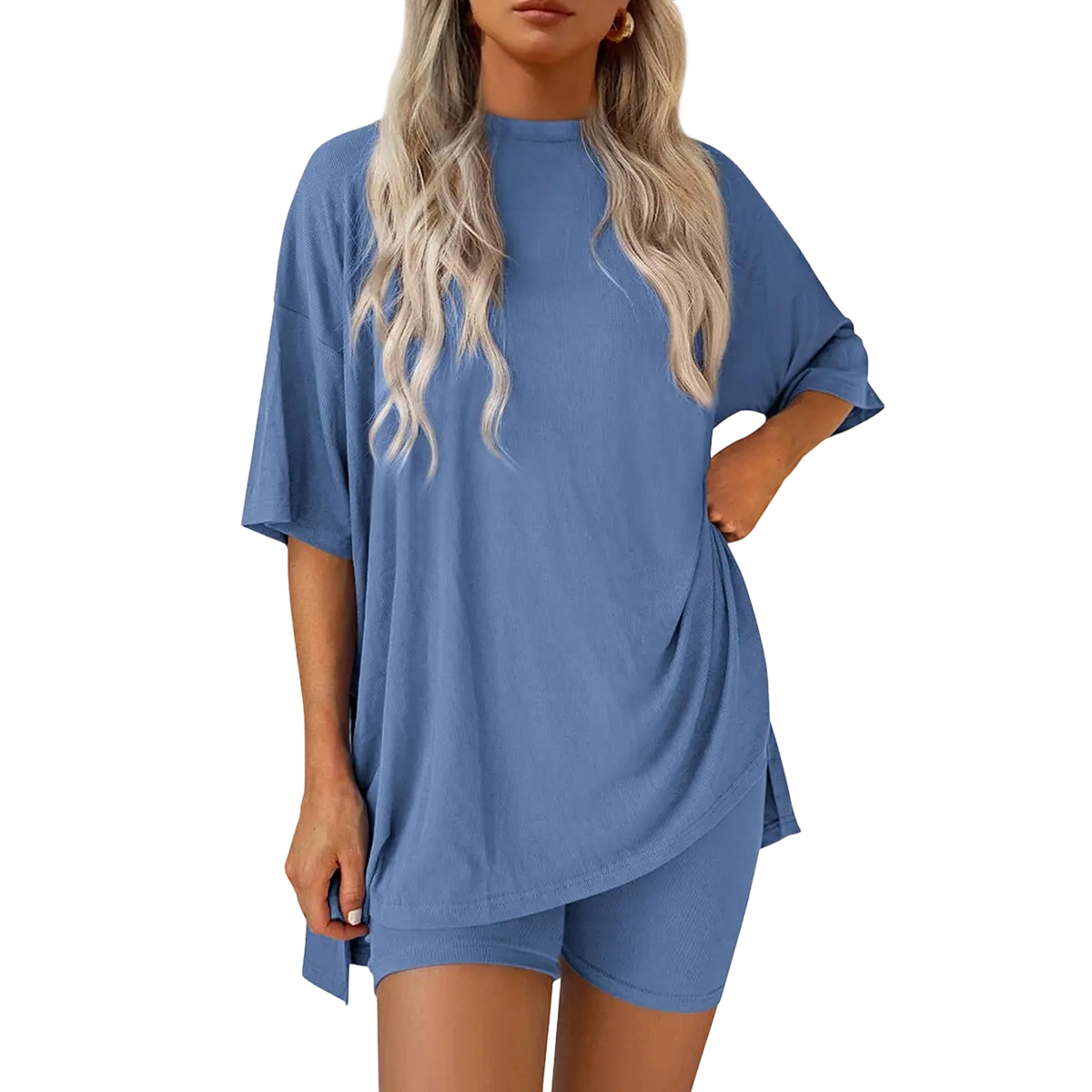 Two-Piece Set For Women Summer Casual Oversized Split Hem Shirts & Side Pocket Biker Shorts Minimalist Lounge Wear Soft Viscose Fabric