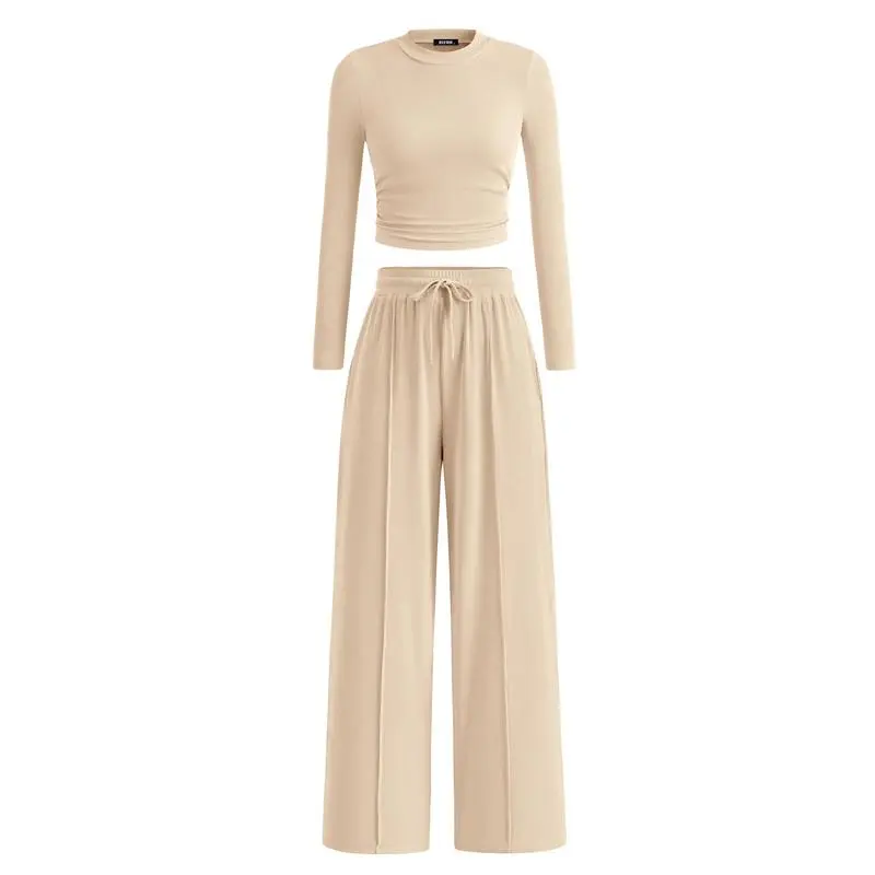 ✨2-Piece Ribbed Knit Long Sleeve Crop Top Wide Leg Pants Lounge Set🔥