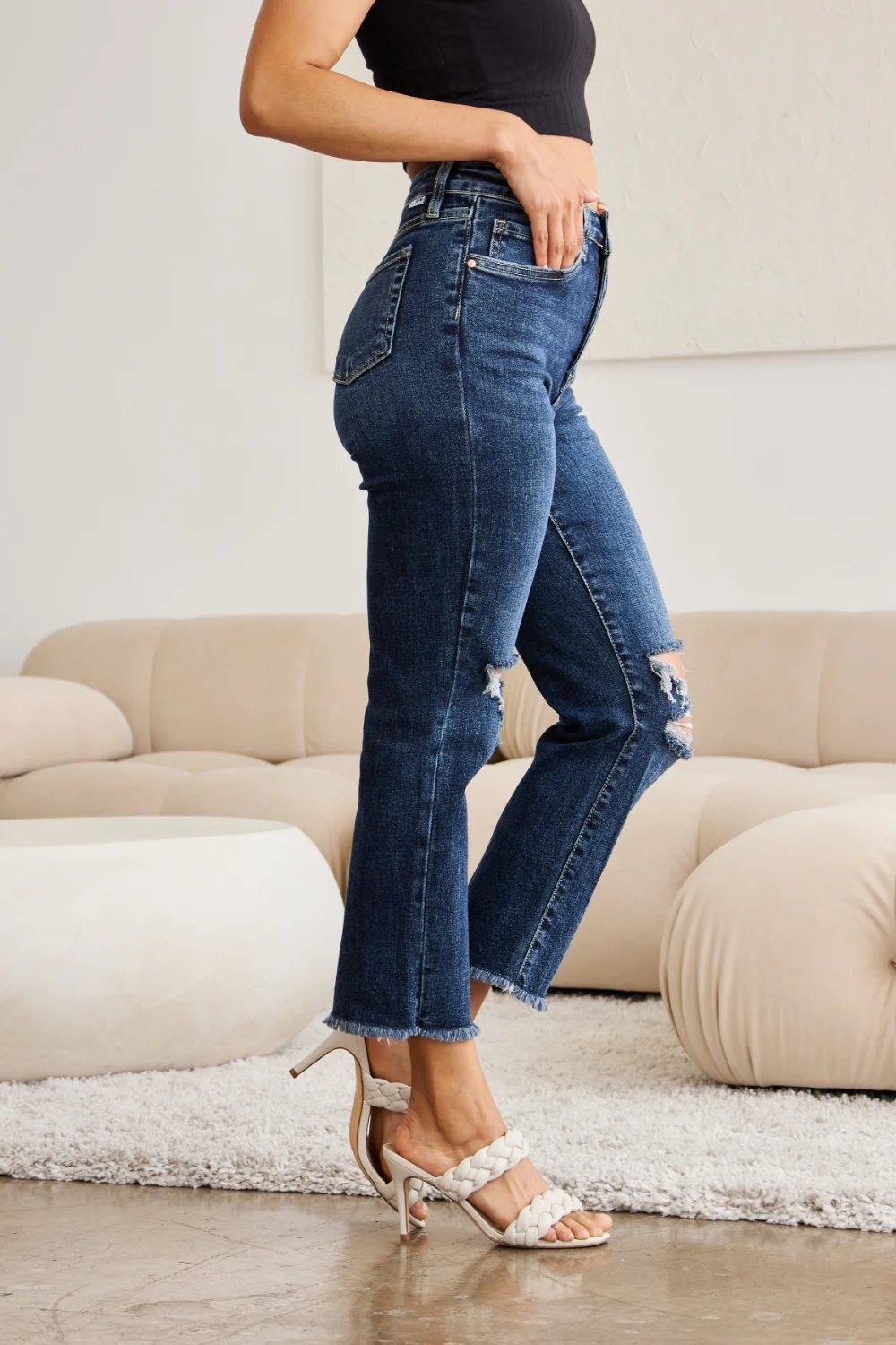 Crop Full Size Tummy Control Distressed High Waist Raw Hem Jeans