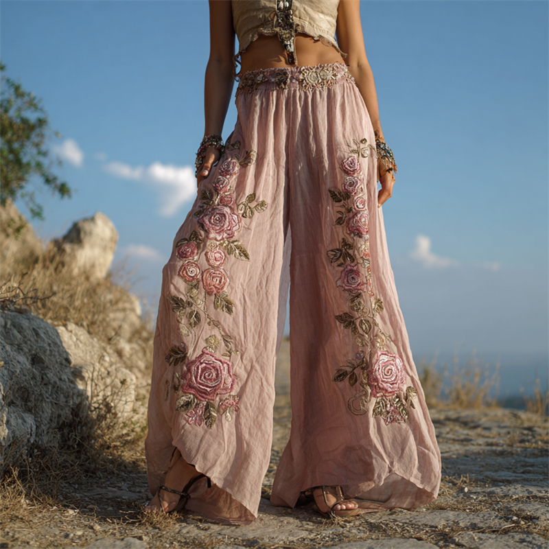 Vintage Pink Roses Embroidered Flowy Wide Leg Linen Pants