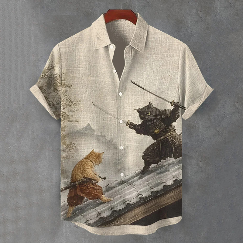 Men's Retro Cat Samurai Japanese Art Casual Short Sleeve Shirts