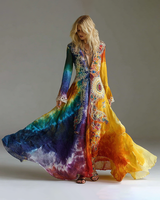 Women's fashionable bright rainbow tie-dyed cotton and linen dress  4360