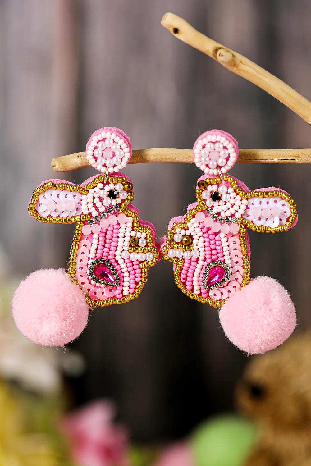 Pink Beaded Easter Bunny Fluff Stud Dangle Earrings