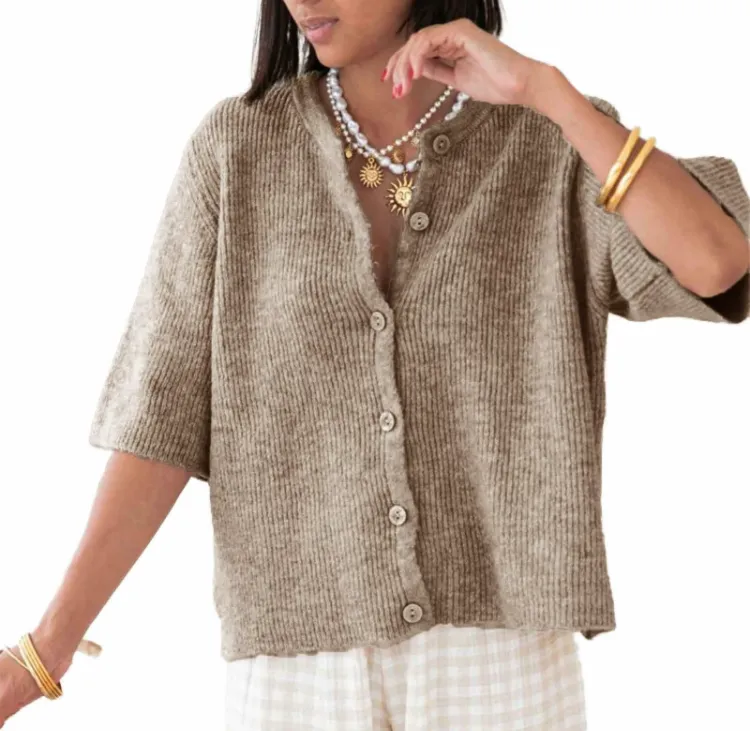 Women's  Knit Cardigan – Half Sleeve, Solid Color, Button-Up, Lightweight Knitwear for Daily Wear