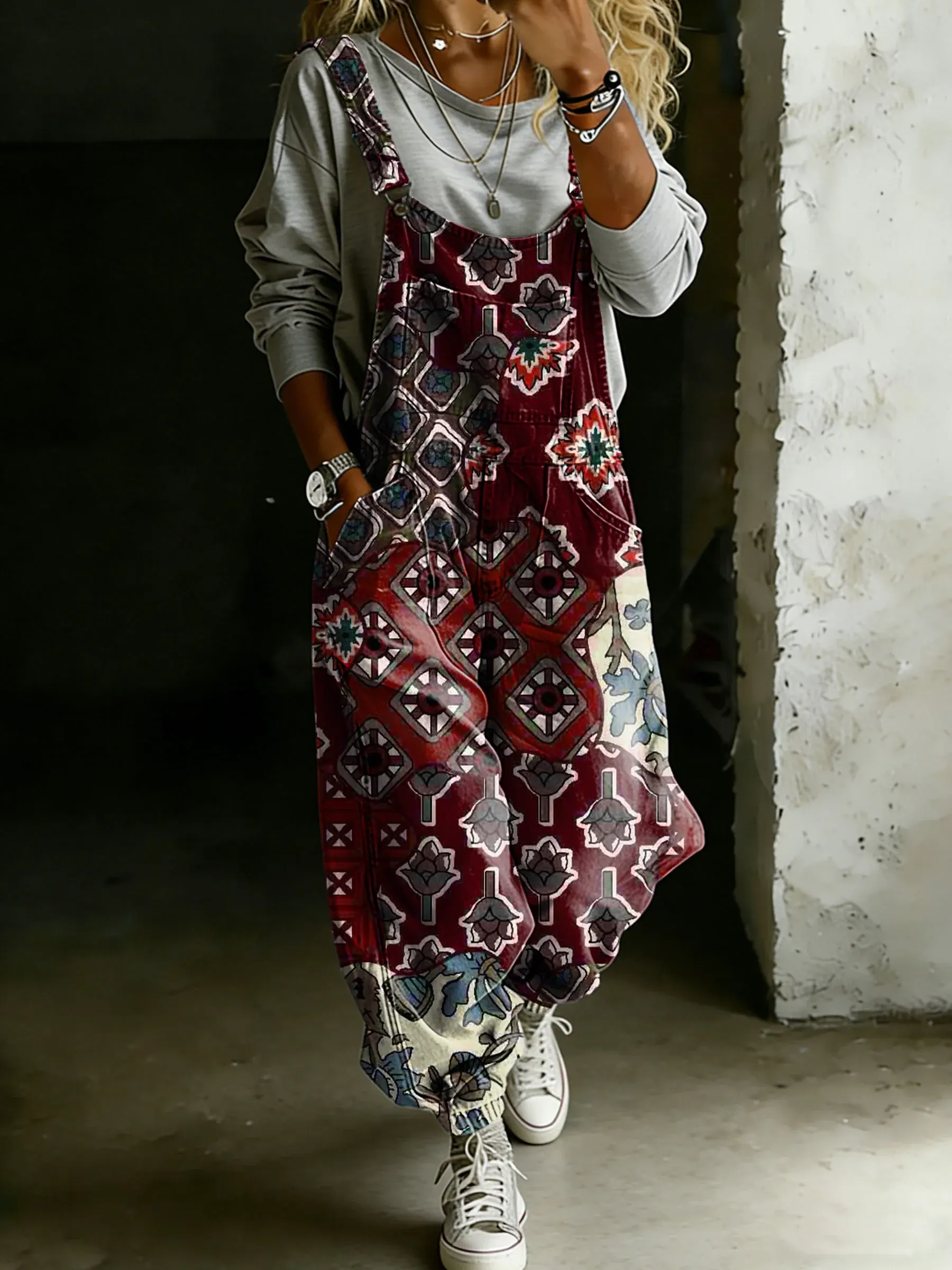 Women’s Vintage Ethnic Totem Art Print Casual One Piece Denim Jumpsuit