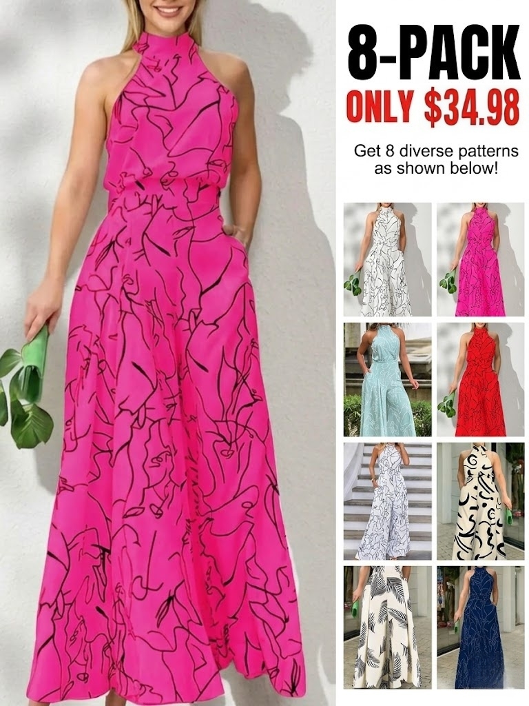 Women's All Over Print Pocket Tie Back Halter Jumpsuit