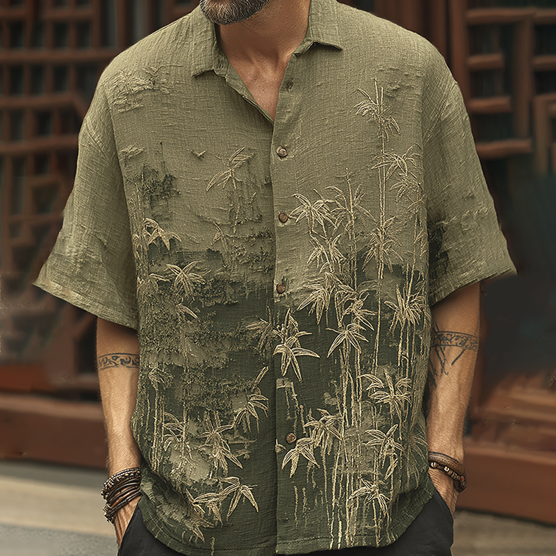 Men's Vintage Bamboo Embroidery Short Sleeve Linen Blend Shirt