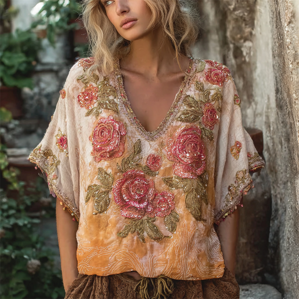 Boho Sunset Rose Embroidered Tie-dye Women's Linen V-neck Shirt
