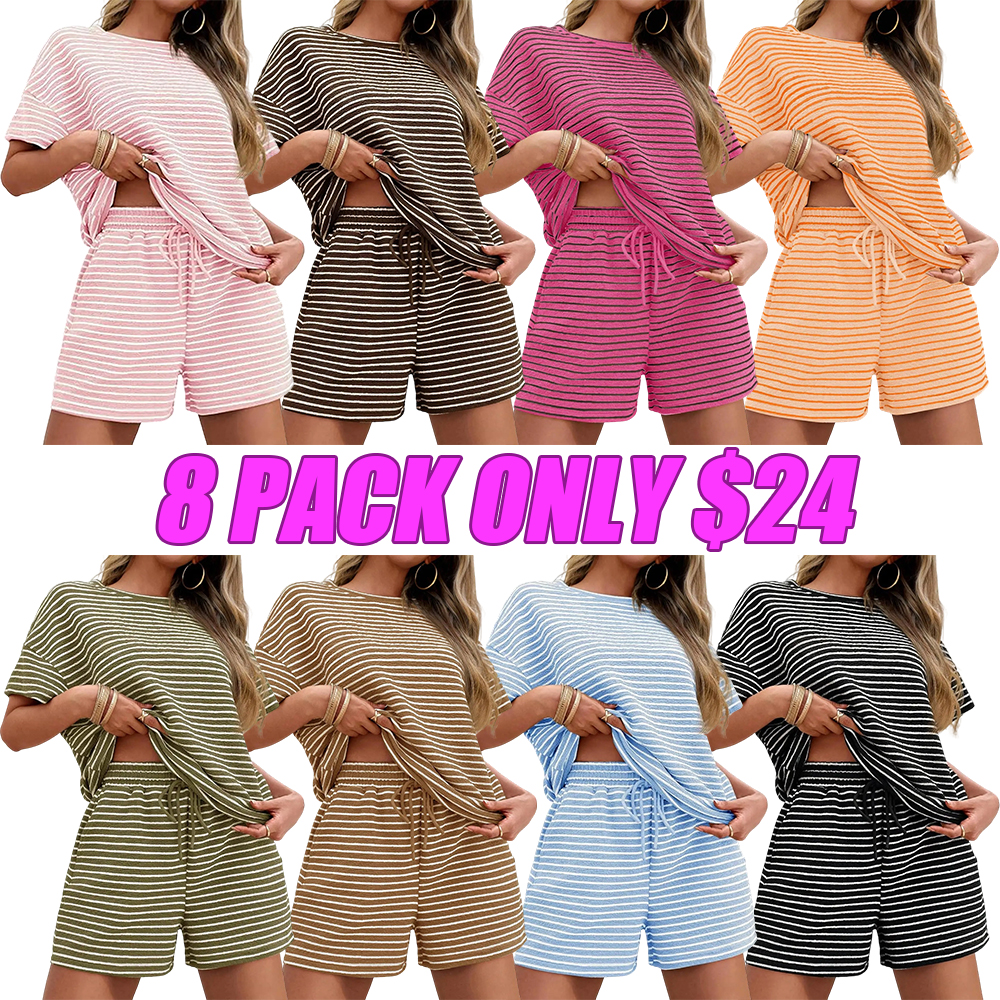 Womens Striped 2 Piece Lounge Sets Short Sleeve Oversized T Shirts Drawstring Shorts Matching Set