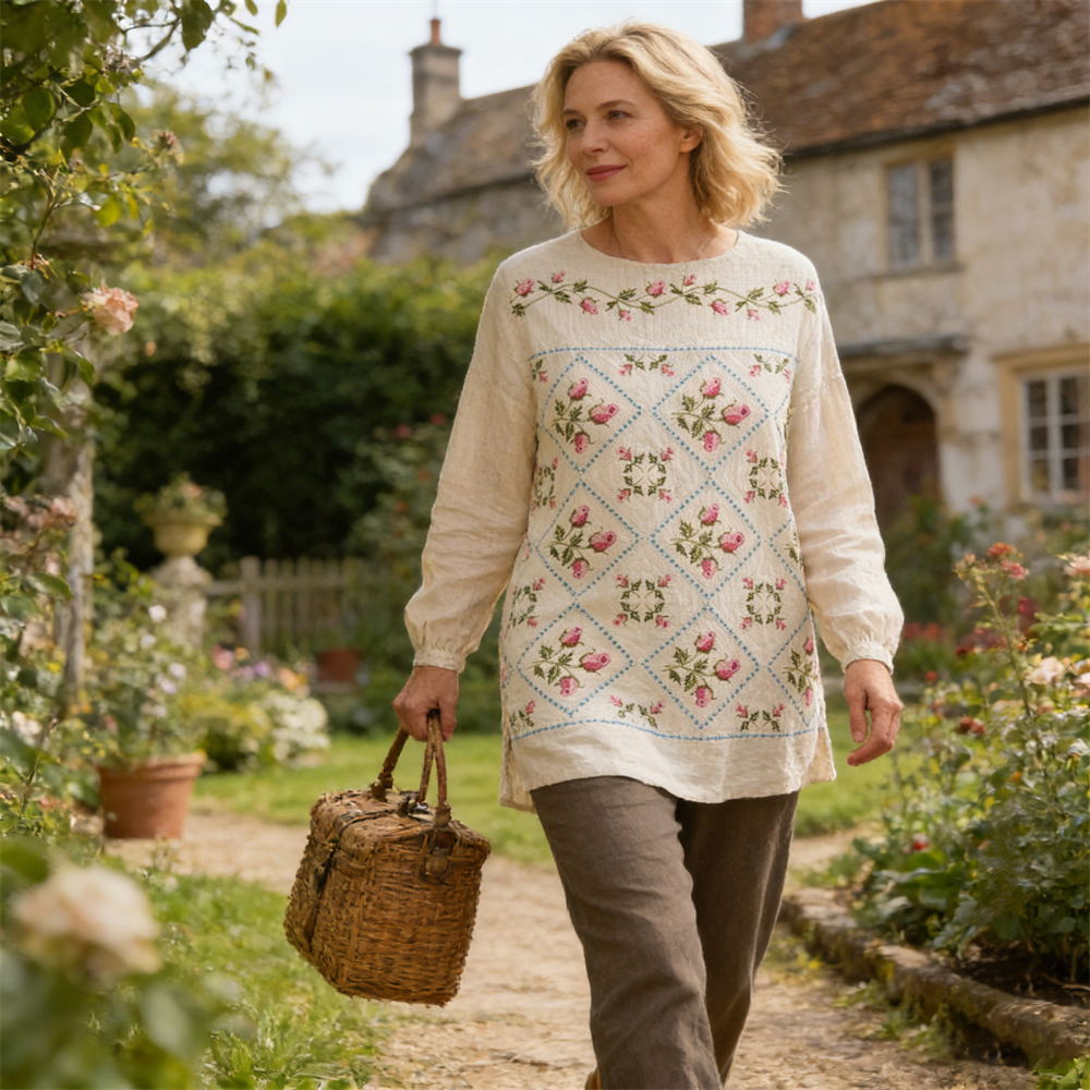 Vintage Rustic Floral Pattern Women's Linen Long Sleeve Long Tunic