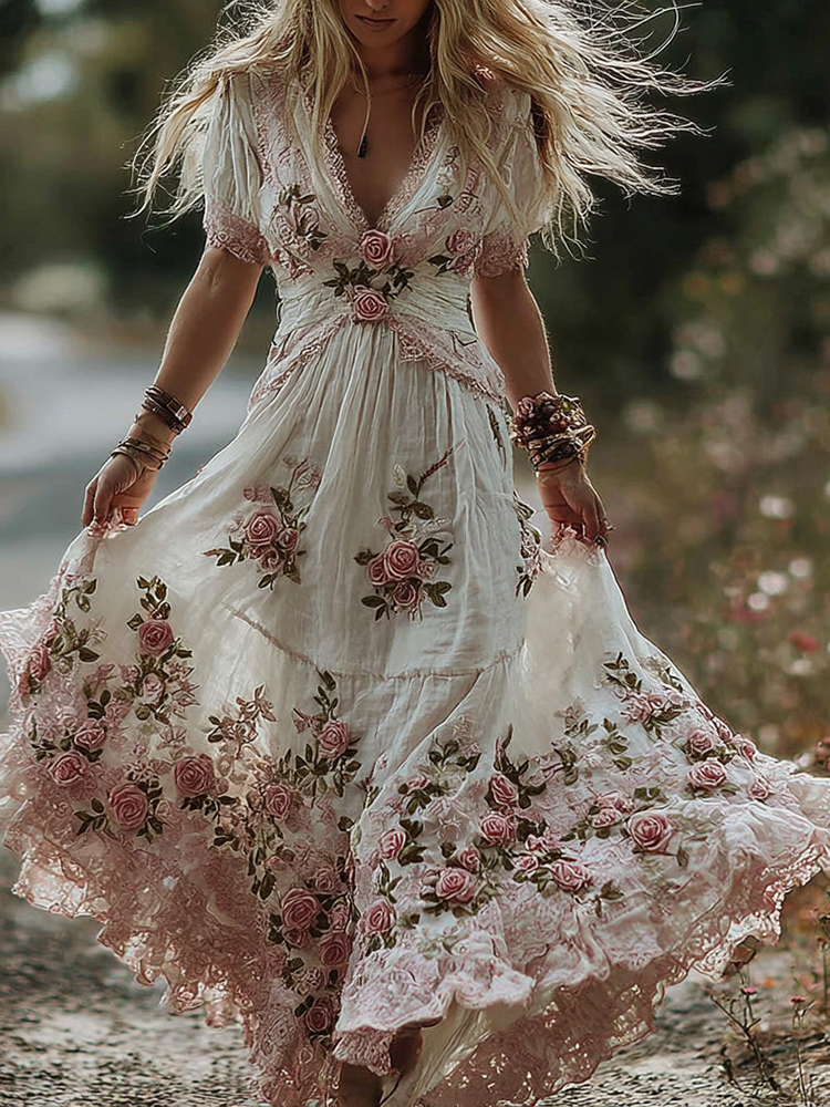 Vintage Floral Embroidery Art Women's Comfy Linen Maxi Dress