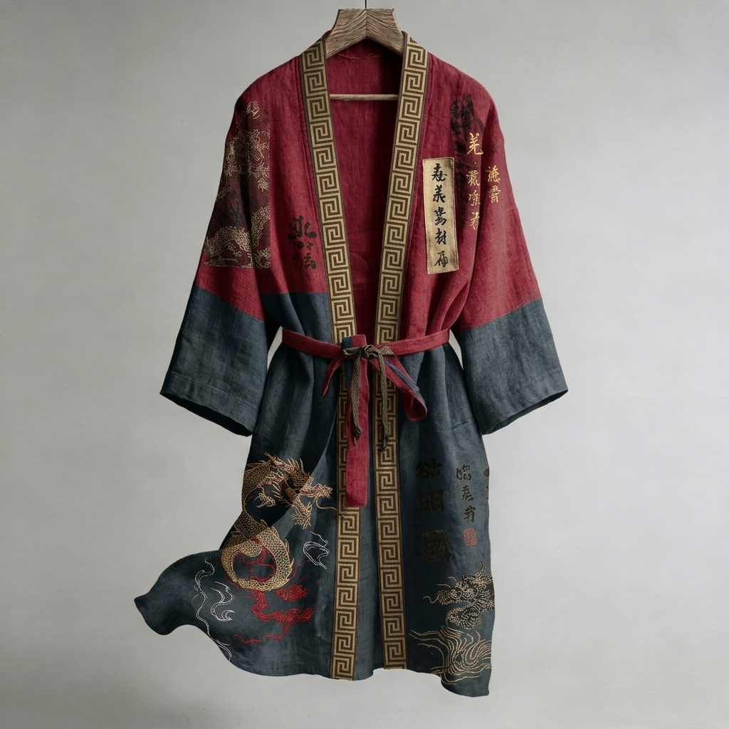Japanese Calligraphy And Dragon Art Combined In A Linen Blend Kimono