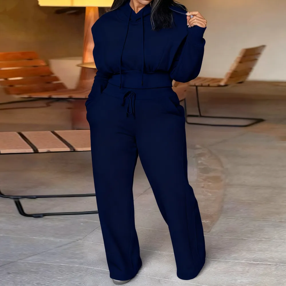 Hooded Long Sleeve Sweatshirt and Casual Wide Leg Sweatpants Set