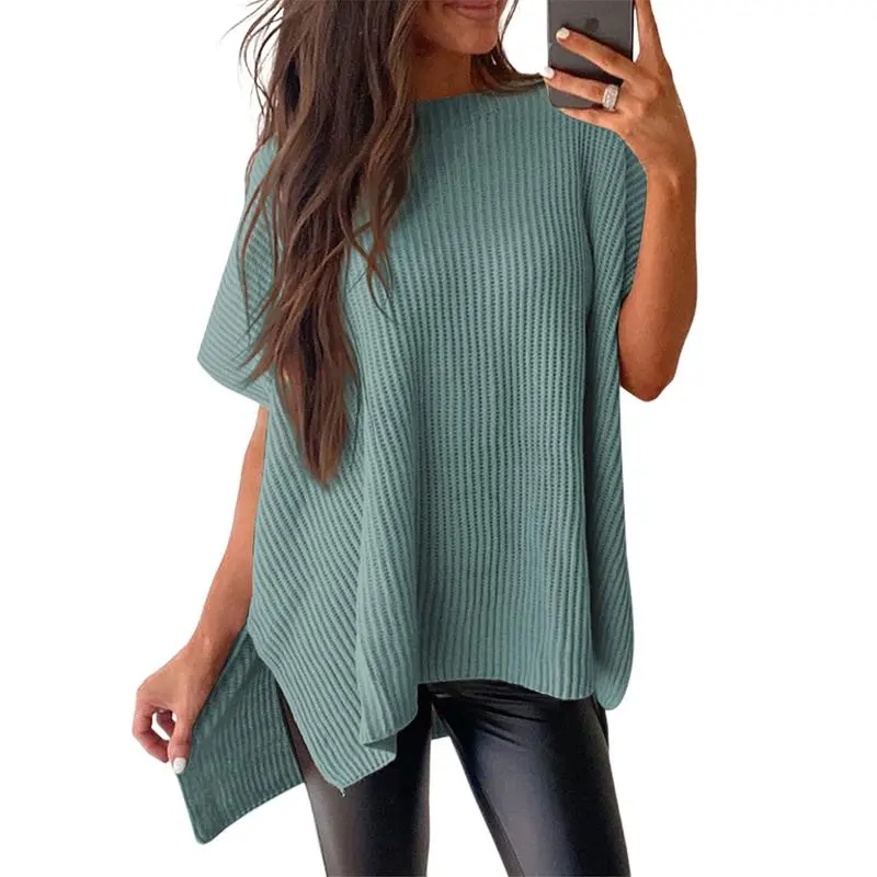 Women’s Oversized Knit Top – Casual Crew Neck Short Sleeve Sweater with Side Slit