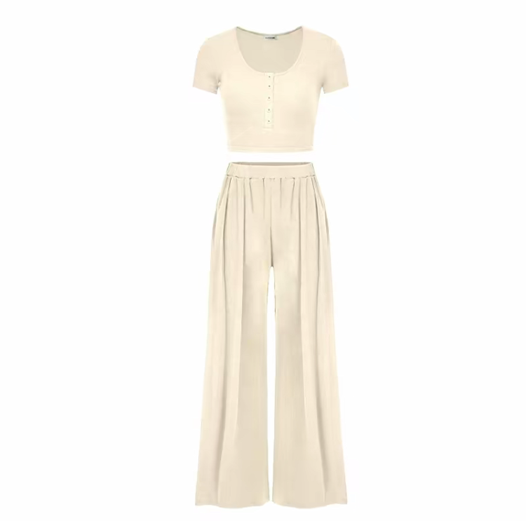 Women's Casual Co-ord Set – Slim Top & Wide Leg Pants