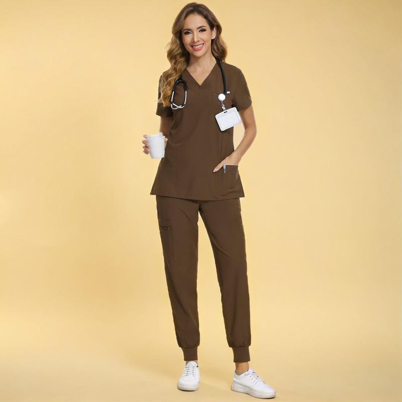 🔥Women’s Stretch V-Neck Scrub Set (Top + Jogger Pants) – 8 Pocket Utility Uniform