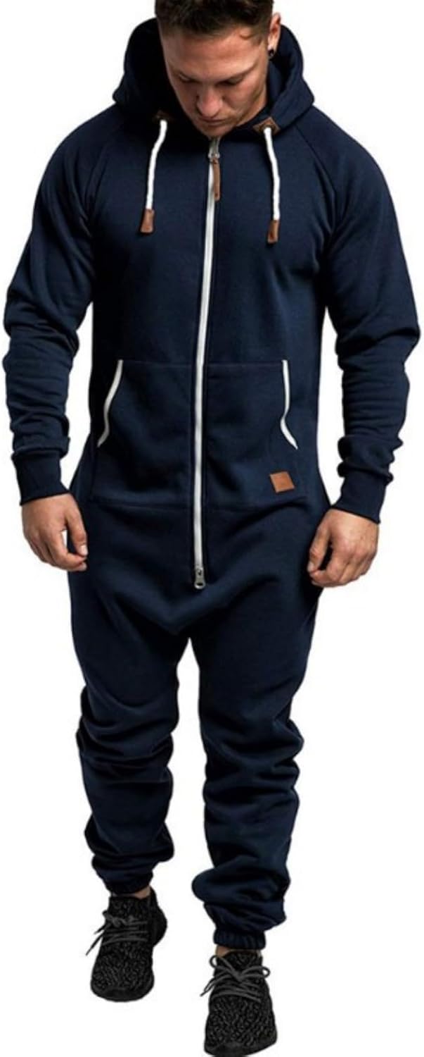 Mens Fleece Lined Hooded Jumpsuit Full Zip Up One Piece Pajamas Onesie Overalls Rompers Playsuit Jogging Sweatsuits