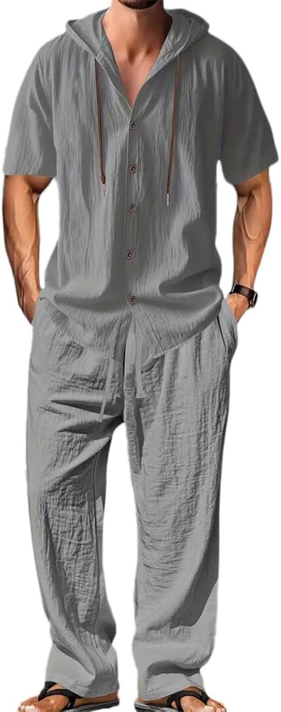 Men's Lightweight Hooded Two-Piece Set - Casual Vacation Loose Sweatshirt & Wide-Leg Pants for Summer
