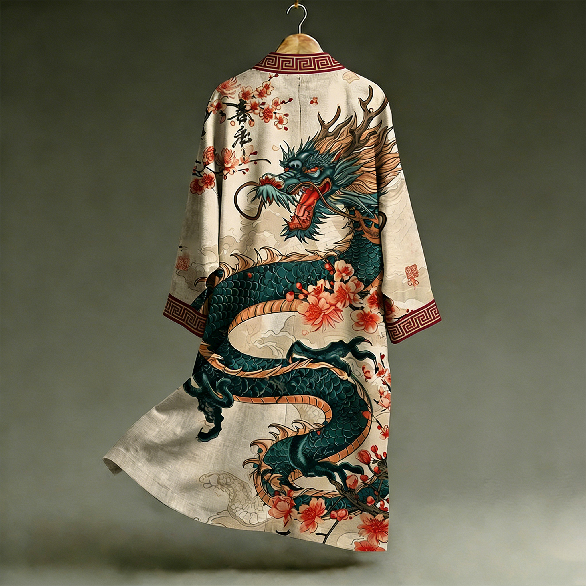 Japanese Style Retro Dragon And Floral Art Pattern Casual Kimono