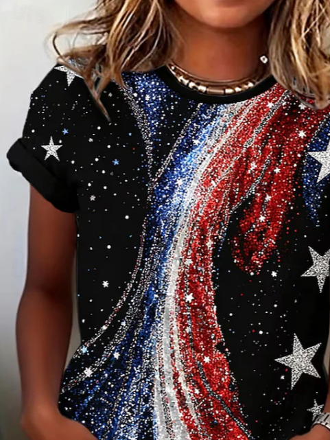 Women's Short Sleeve T-shirt Summer Black America Flag Printing Jersey Crew Neck Daily Going Out Casual Top