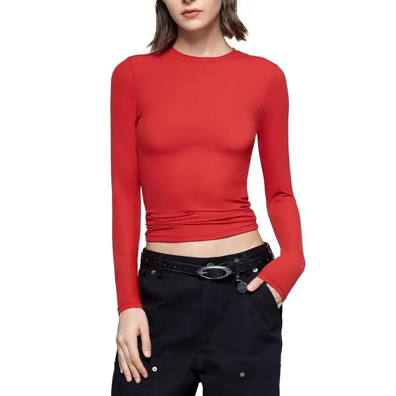Long Sleeve Basic Tee Women's Crew Neck Slim Fit Tops Streetwear Minimalist Double Layer Compression Tee