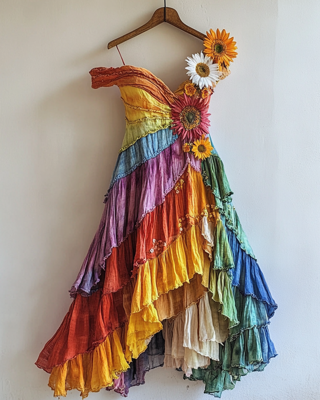 Rainbow Ruffle Daisy Embroidered Irregular Dress 8df9