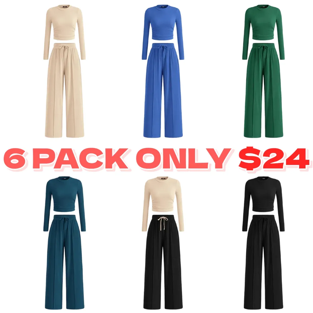 ✨2-Piece Ribbed Knit Long Sleeve Crop Top Wide Leg Pants Lounge Set🔥