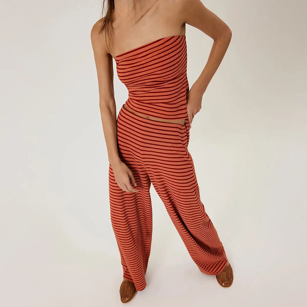Women's Chic Color Matching Stripe Slim Tube Top & Low-Rise Wide Leg Trousers Co-ord, Soft Spring & Summer Holiday Outfits
