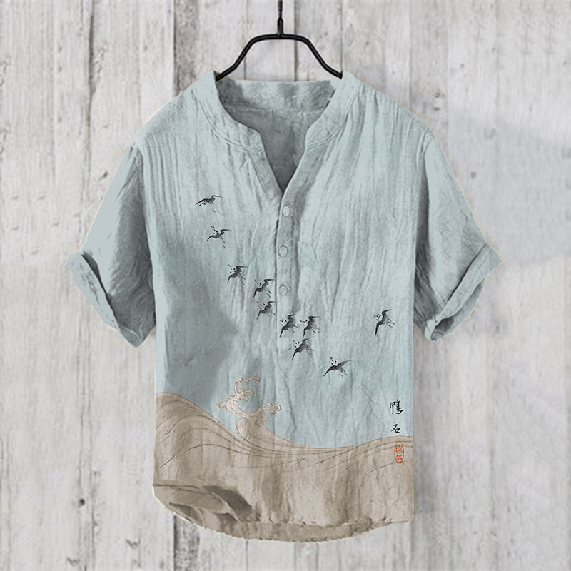 Men'sVintage Japanese Birds Waves Art Prints Linen Blend Shirt