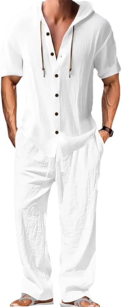 Men's Lightweight Hooded Two-Piece Set - Casual Vacation Loose Sweatshirt & Wide-Leg Pants for Summer