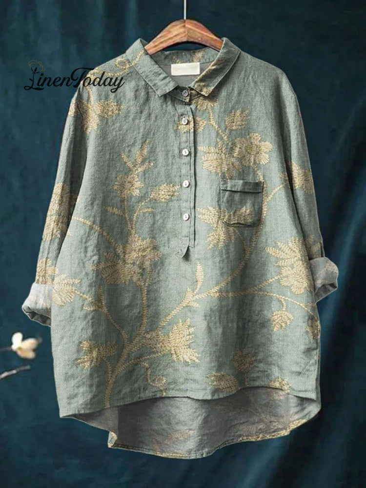 Women's Flower Print Casual Cotton And Linen Shirt