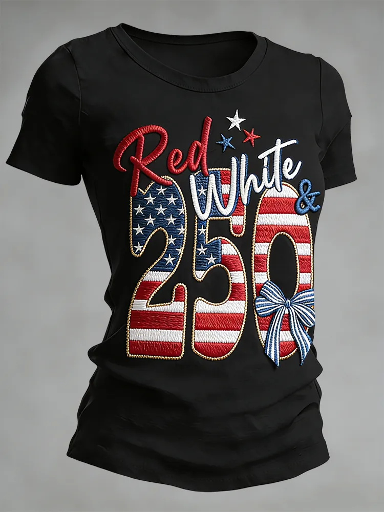 Red and White 250 Patriotic Embroidery Anniversary Commemorative T-shirt