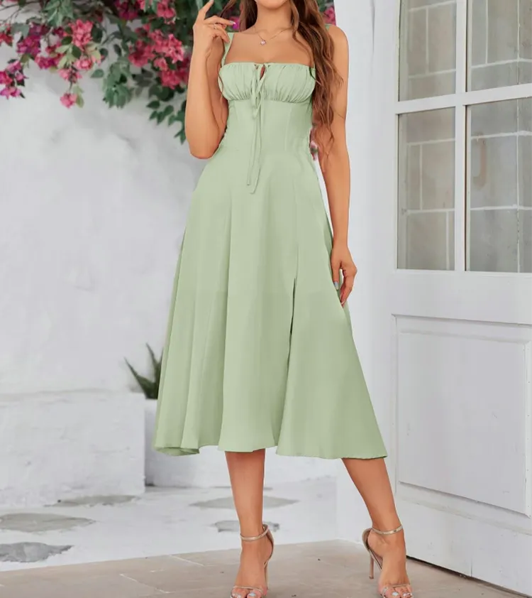 Plus Size Women's Elegant Lace Up Midi Dress – Square Neck, Tie Front