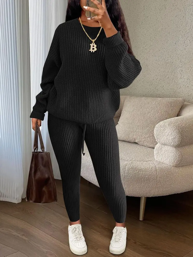 🔥Women's Solid Round Neck Drop Shoulder Sweater & Drawstring Waist Pants Knit Set, Casual Cozy Knitwear for Daily Outdoor Wear, Ladies Fall & Winter Outfits, Women's 2 Pcs Sweater Set