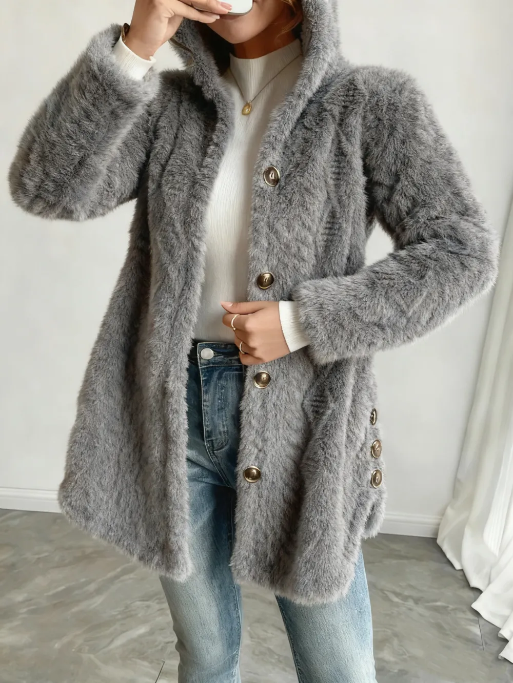 Women's Fall Winter Warm Fashion Jacquard Hooded Cardigan Long Sleeve Coat