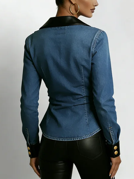 Elegant Leather-paneled Metal Buttons Denim Jacket