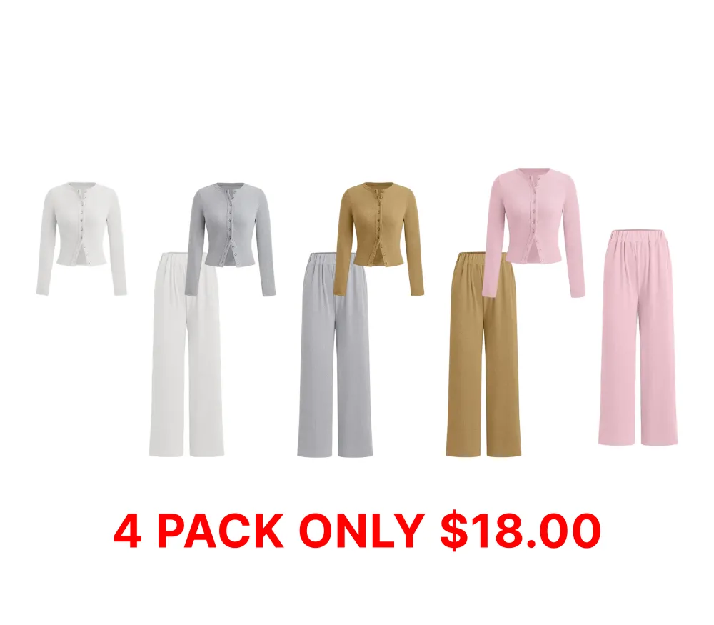 Two-piece Set Women's Solid Button Front Ribbed Crop Top & Elastic Waist Pants