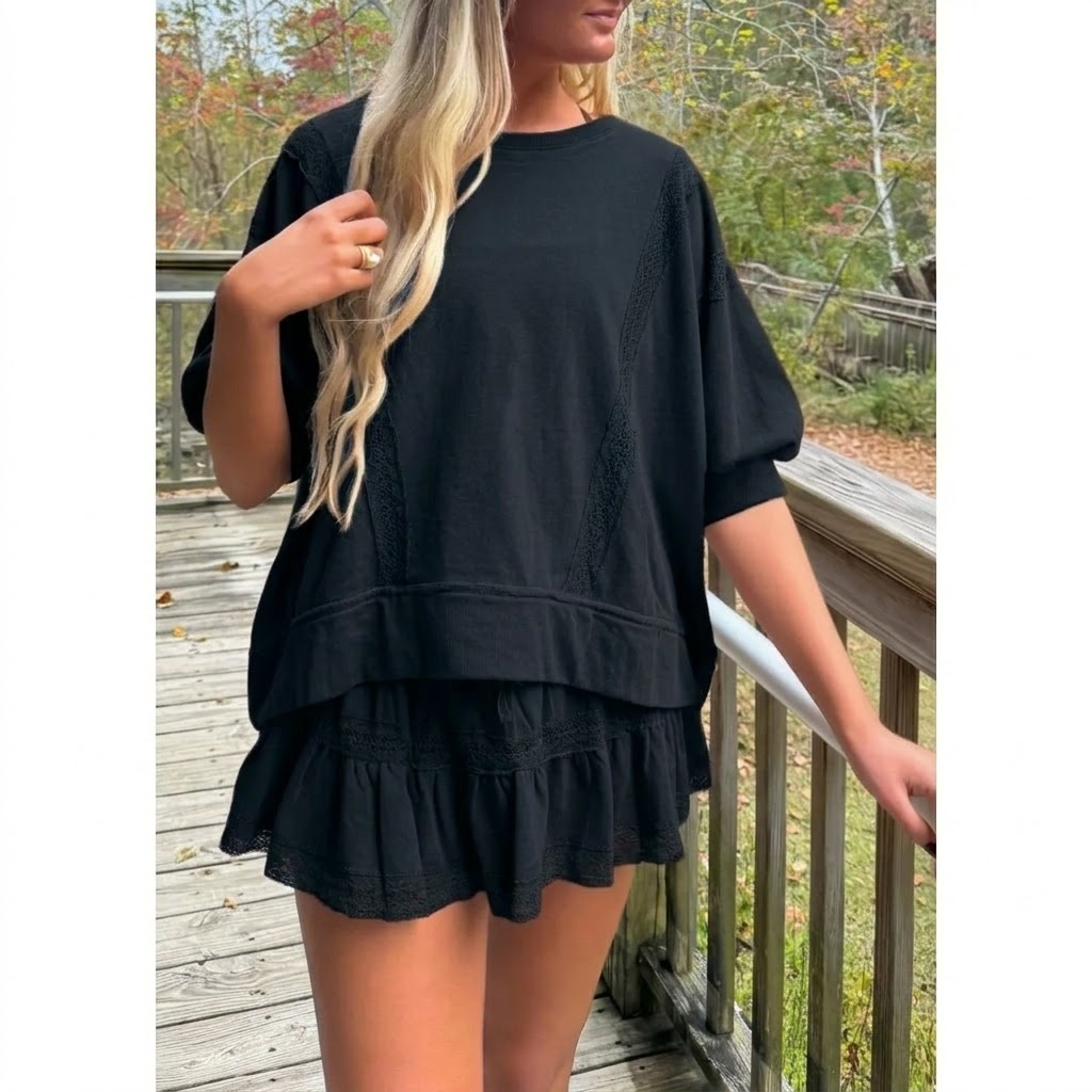 Fisoew Women's 2 Piece Cotton Lace Trim Outfit Set Short Sleeve Puff Sleeve Top & Ruffled Shorts Soft Casual Outfit